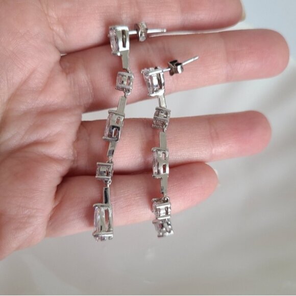 Vintage Sterling Silver Long Drop Crystal Elegant Formal Bridal Earrings - Picture 16 of 16